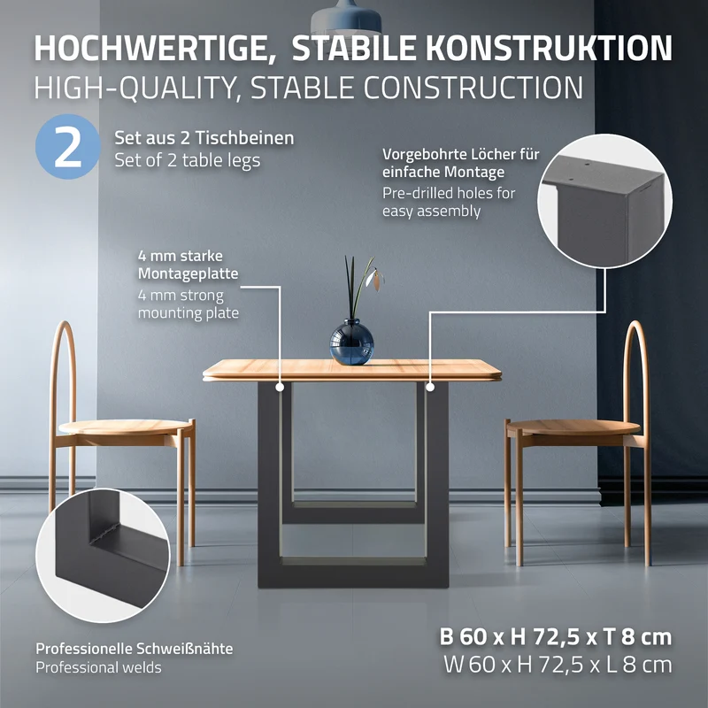 Tischbeine Tischgestell 2er Set U-Design 60 x 72,5 cm Anthrazit aus Stahl ML-Design