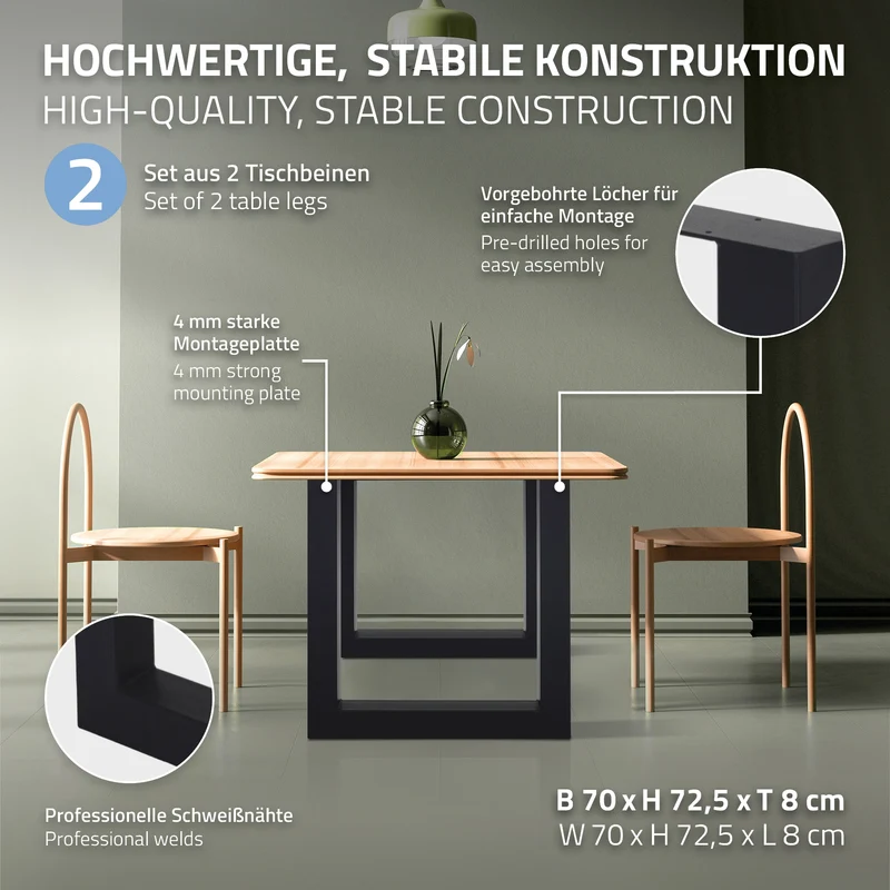 Tischbeine Tischgestell 2er Set U-Design 70x72,5 cm Schwarz aus Stahl ML-Design