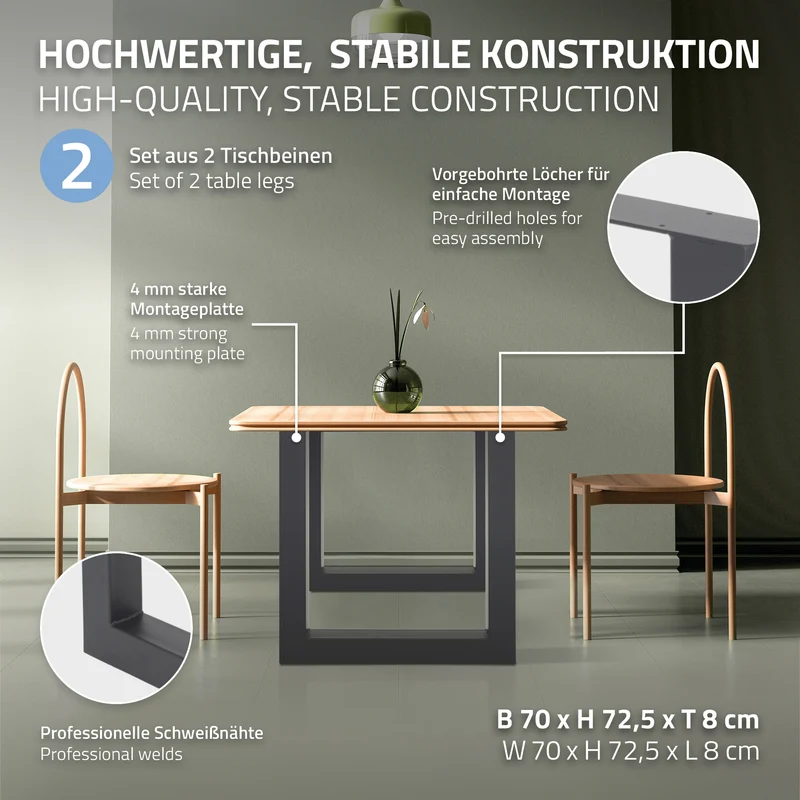 Tischbeine Tischgestell 2er Set U-Design 70 x 72,5 cm Anthrazit aus Stahl ML-Design