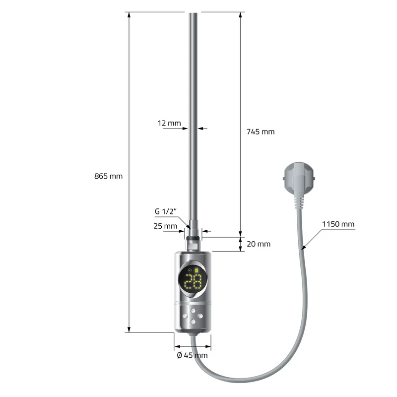 Elektrischer Badheizkörper mit Heizstab 900W 750x1200 mm Chrome gerade Seitenanschluss & Thermostat Digitalanzeige LuxeBath