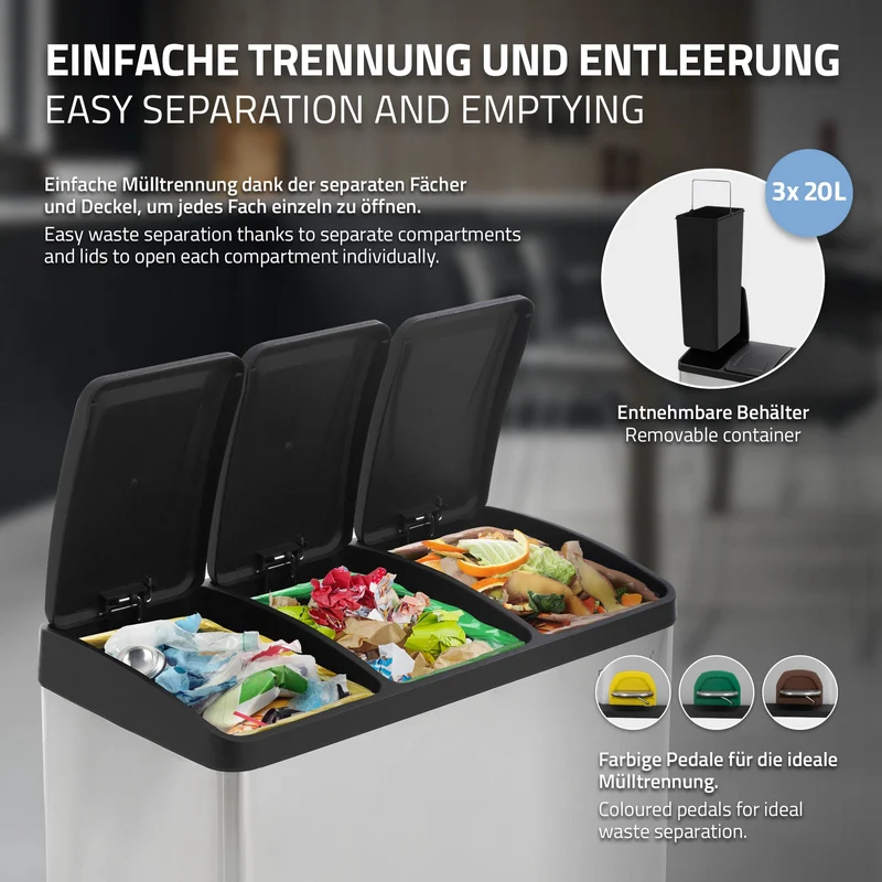 Mülleimer mit Trennsystem 3x 20L Silber aus Stahl ML-Design