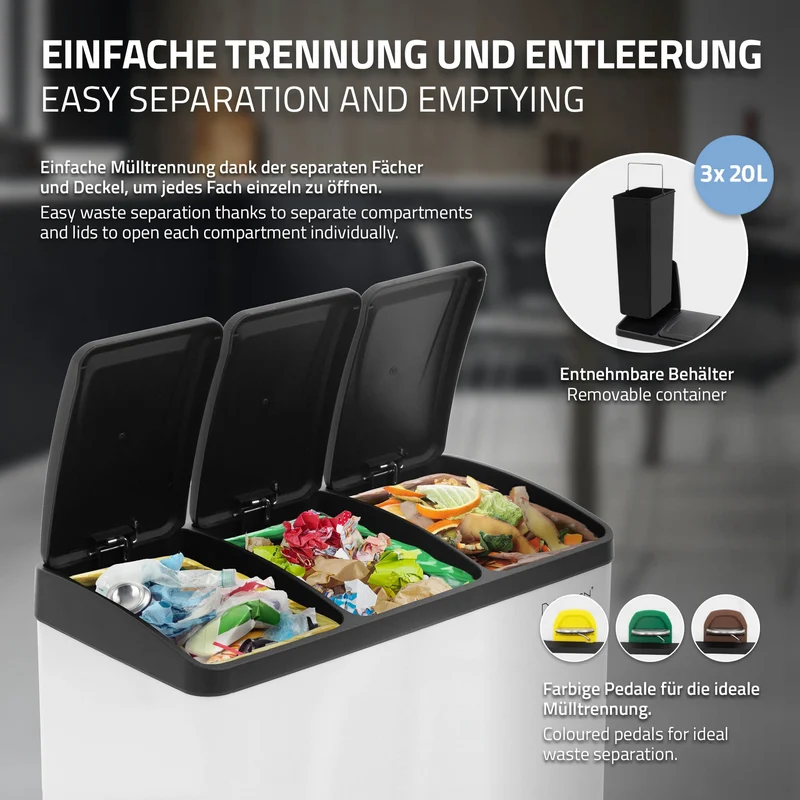 Mülleimer mit Trennsystem 3x 20L Weiß aus Stahl ML-Design