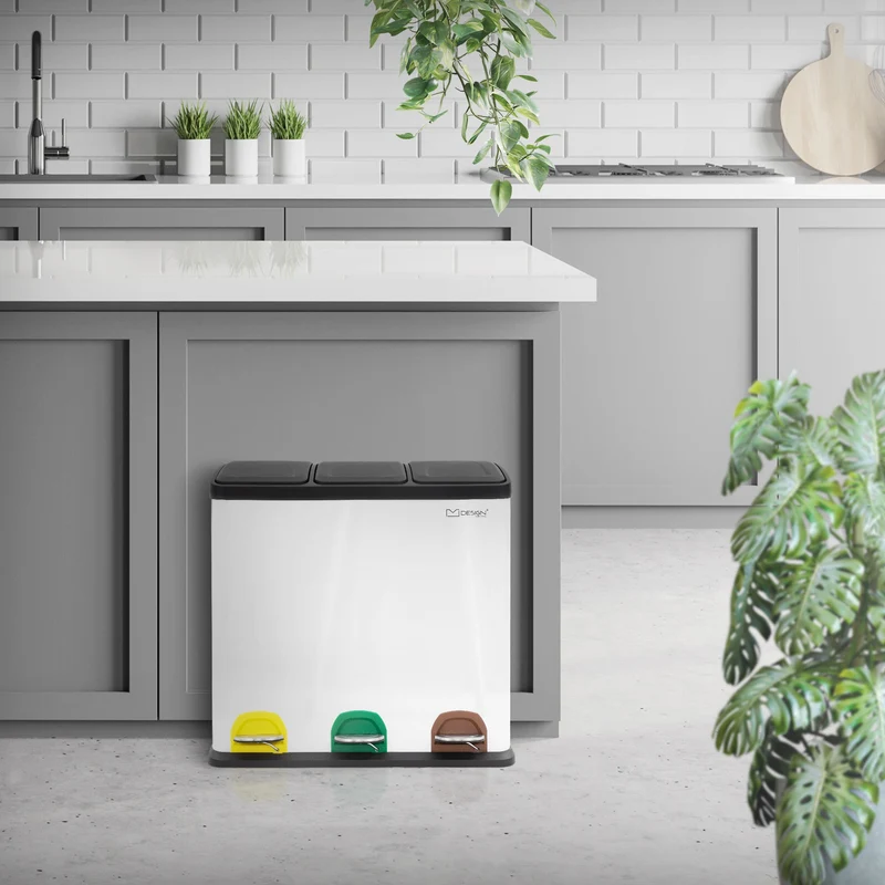 Mülleimer mit Trennsystem 3x 20L Weiß aus Stahl ML-Design