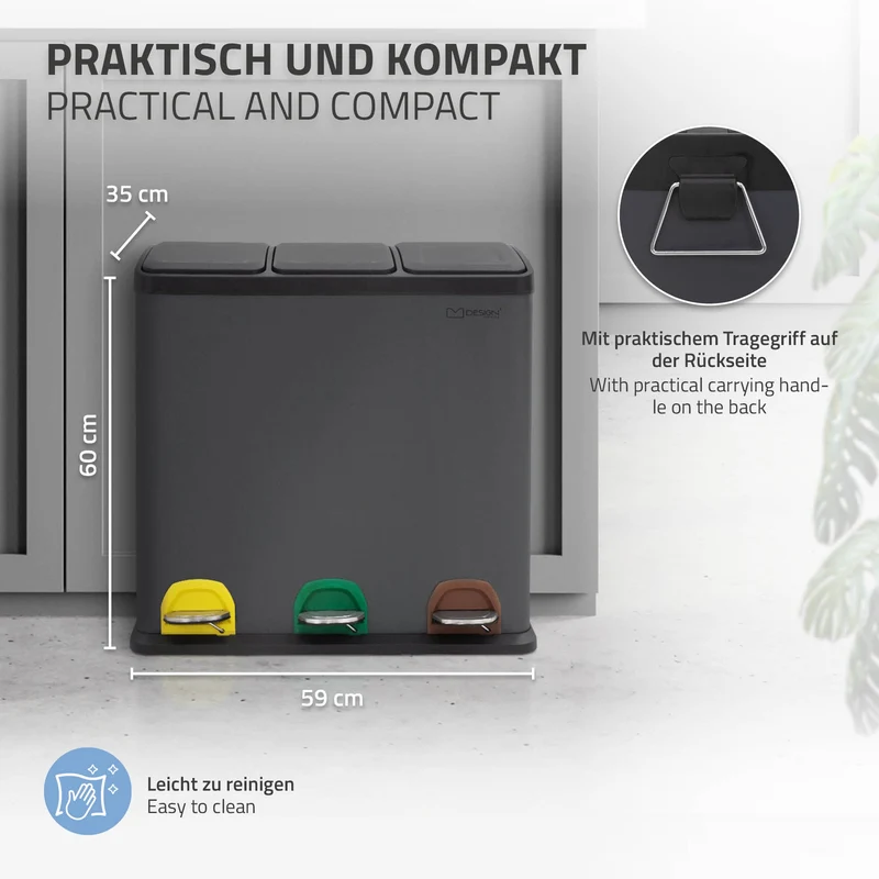 Mülleimer mit Trennsystem 3x 20L Anthrazit aus Stahl ML-Design