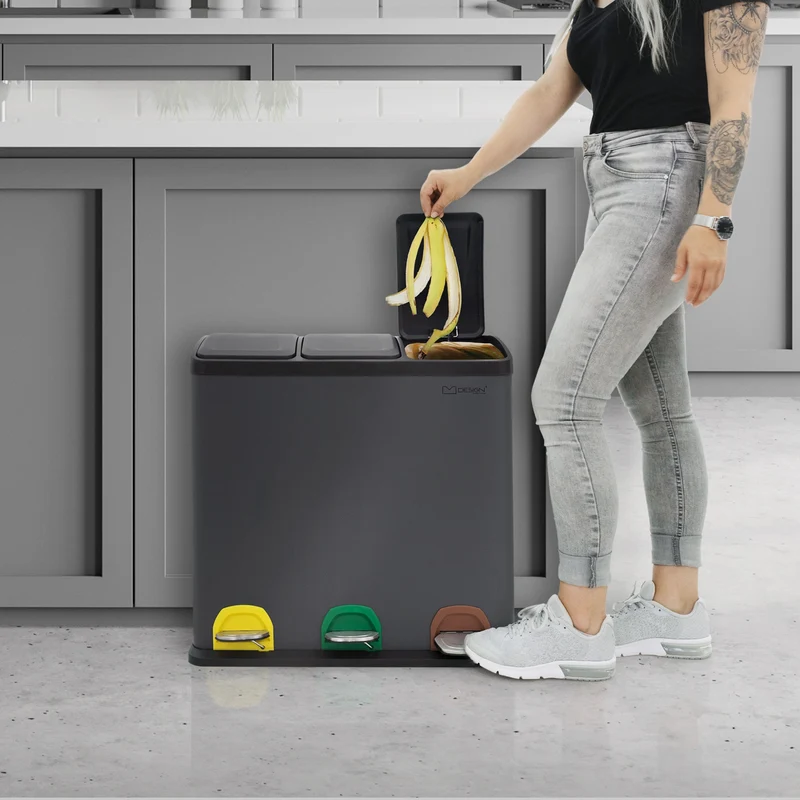 Mülleimer mit Trennsystem 3x 20L Anthrazit aus Stahl ML-Design