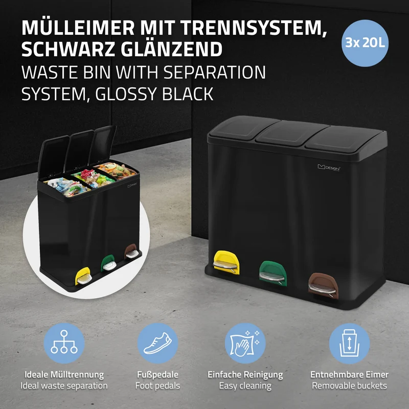 Mülleimer mit Trennsystem 3x 20L Schwarz aus Stahl ML-Design
