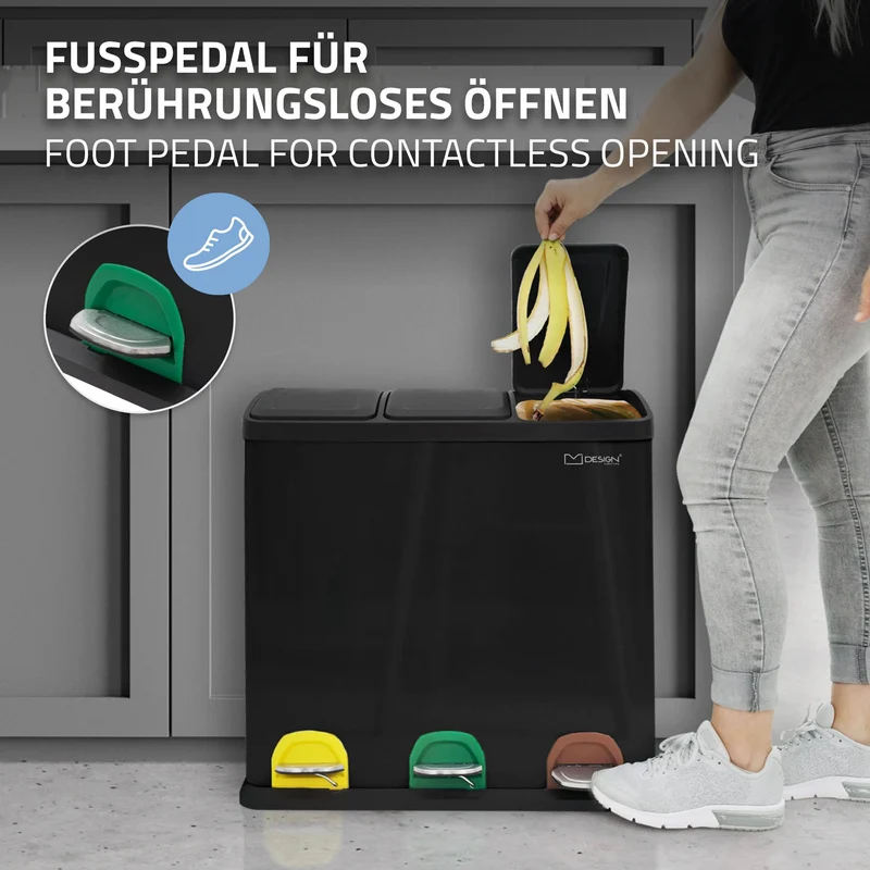 Mülleimer mit Trennsystem 3x 20L Schwarz aus Stahl ML-Design