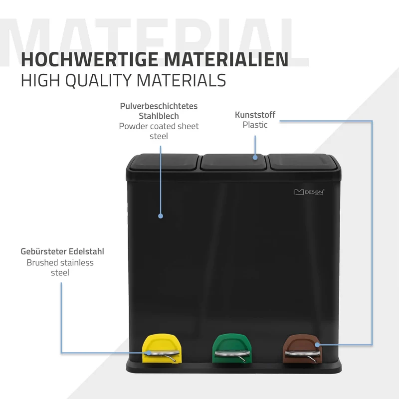 Mülleimer mit Trennsystem 3x 20L Schwarz aus Stahl ML-Design