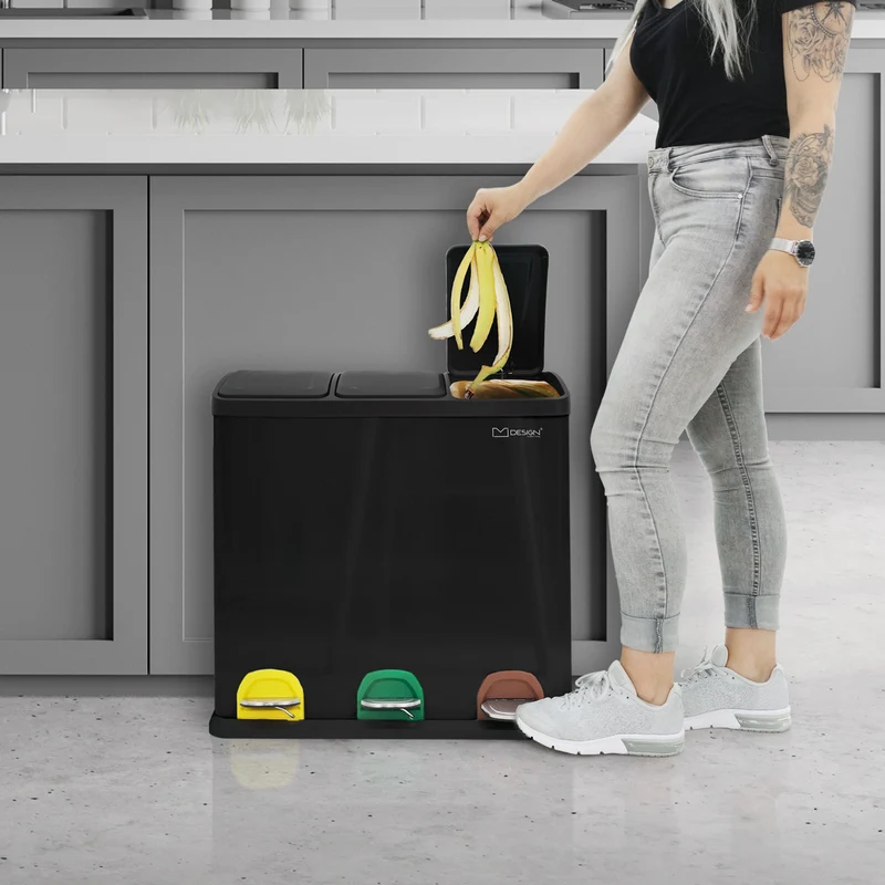 Mülleimer mit Trennsystem 3x 20L Schwarz aus Stahl ML-Design