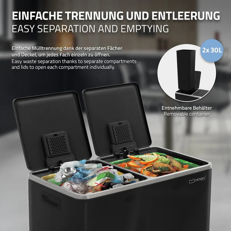 Mülleimer mit Trennsystem 2x 30L Schwarz aus Stahl ML-Design