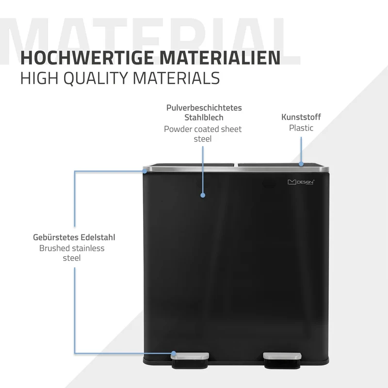 Mülleimer mit Trennsystem 2x 30L Schwarz aus Stahl ML-Design