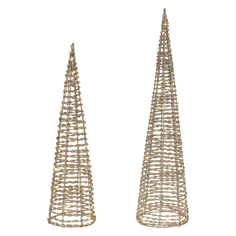 LED Pyramide Lichterkegel 2er Set 60/80 cm Gold aus Metall mit warmweißen LEDs