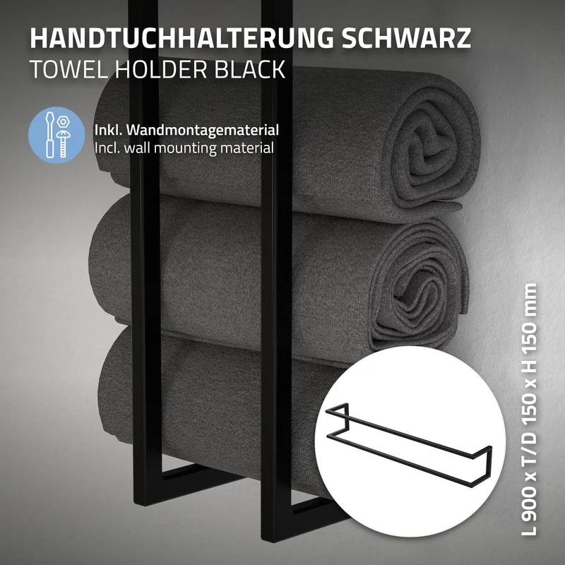 Handtuchhalter 15x15x90 cm Schwarz aus Stahl ML-Design