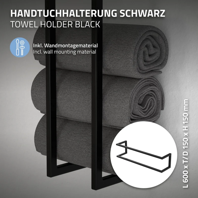 Handtuchhalter 15x15x60 cm Schwarz aus Stahl ML-Design