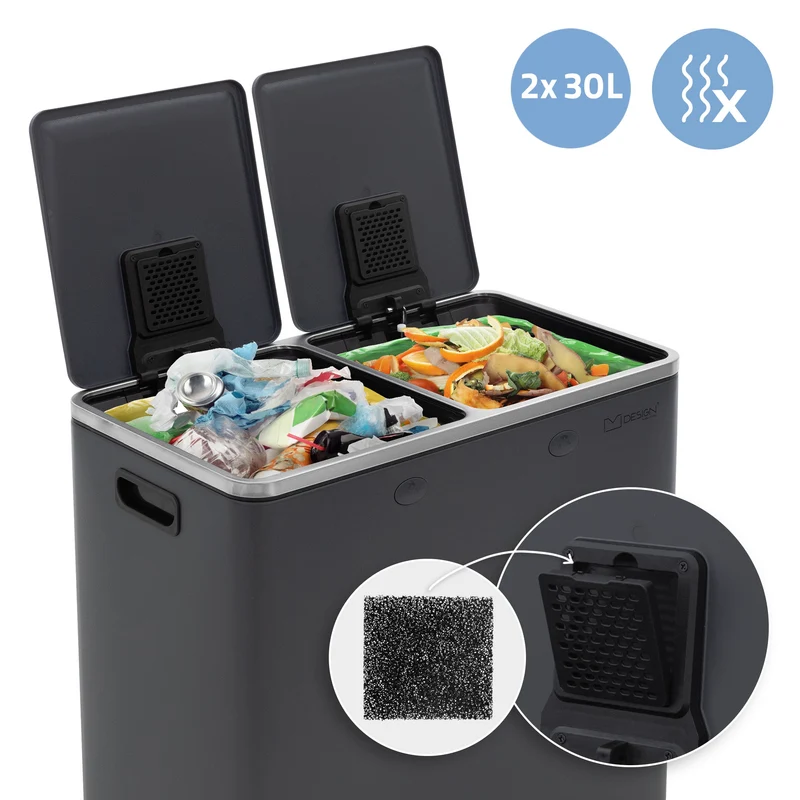 Mülleimer mit Trennsystem 2x 30L Anthrazit aus Stahl ML-Design