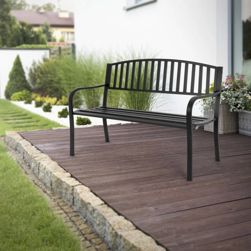 Gartenbank mit Armlehnen & Rückenlehne 127,5x87,5x60 cm Schwarz aus Stahl