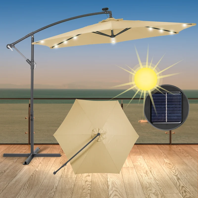 Ampelschirm mit Kurbel und Ständer inkl. LED-Solar Ø 300 cm Braun aus Polyester