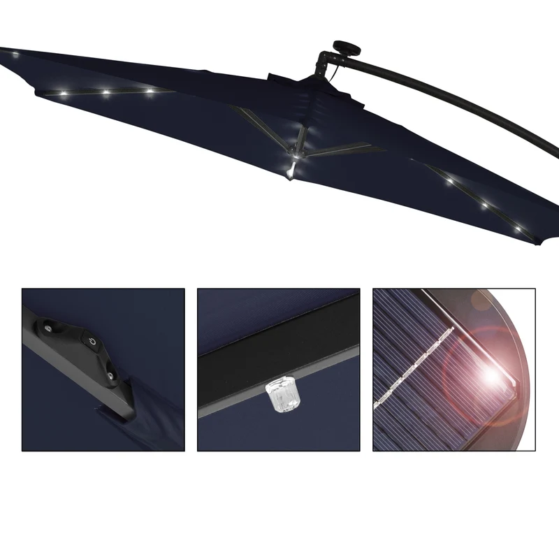 Ampelschirm mit Kurbel und Ständer inkl. LED-Solar Ø 300 cm Navy-Blau aus Polyester