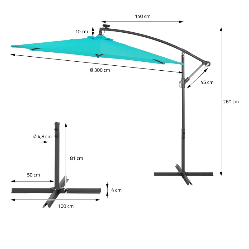Ampelschirm mit Kurbel und Ständer inkl. LED-Solar Ø 300 cm Türkis aus Polyester