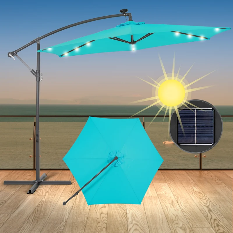 Ampelschirm mit Kurbel und Ständer inkl. LED-Solar Ø 300 cm Türkis aus Polyester