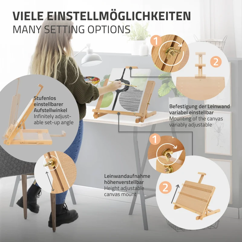 Tischstaffelei verstellbar mit H-Rahmen 44x34x36-60 cm Natur aus Holz