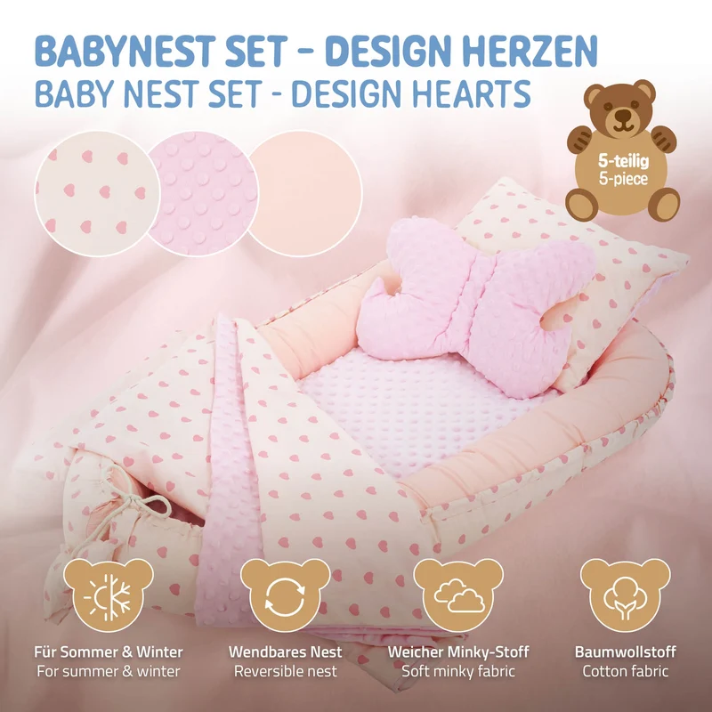 Babynest Set 5 Tlg. 90x50 cm Herzenmuster aus Baumwolle Joyz