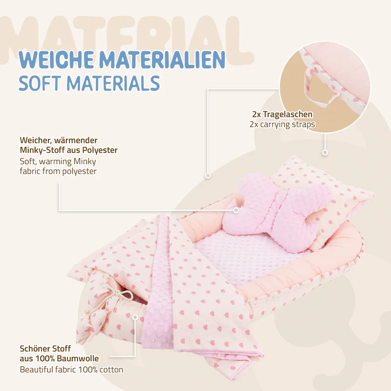 Babynest Set 5 Tlg. 90x50 cm Herzenmuster aus Baumwolle Joyz