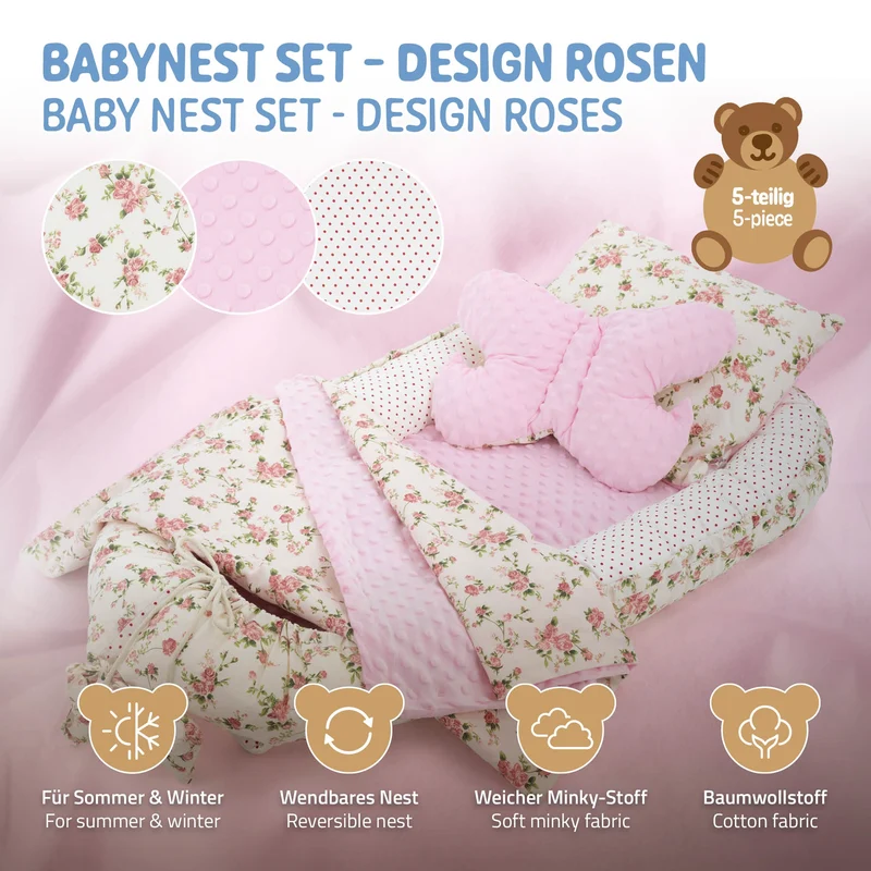 Babynest Set 5 Tlg. 90x50 cm Blumenmuster aus Baumwolle Joyz