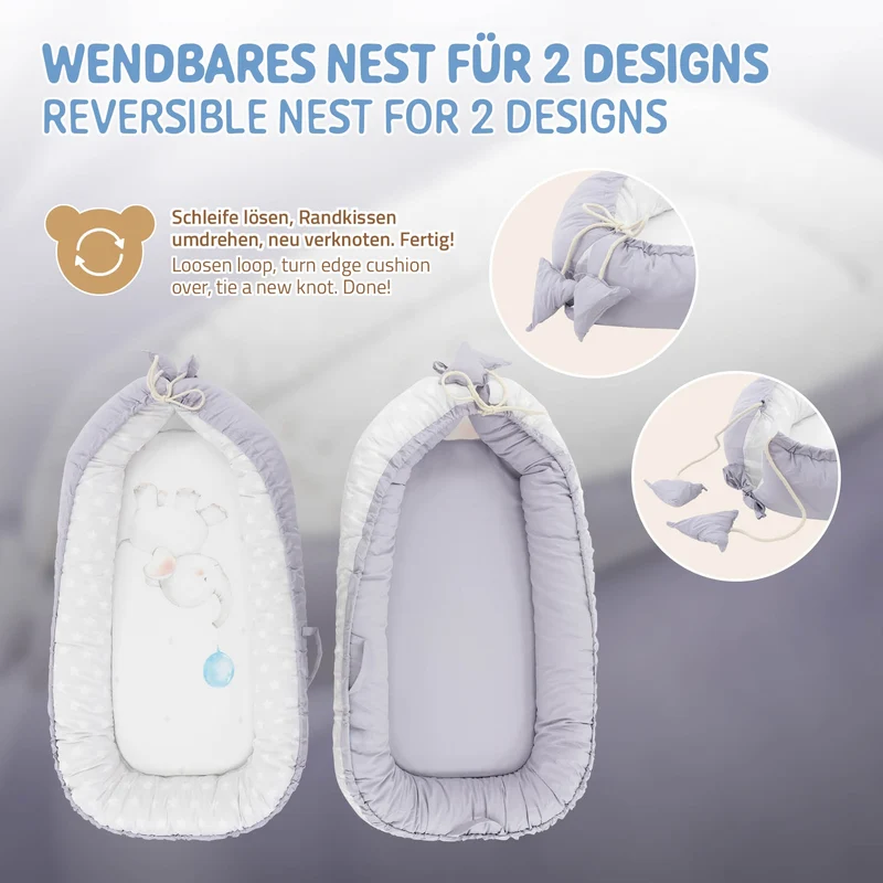 Babynest wendbarer Bezug 90x50 cm Hellgrau aus Baumwolle Joyz