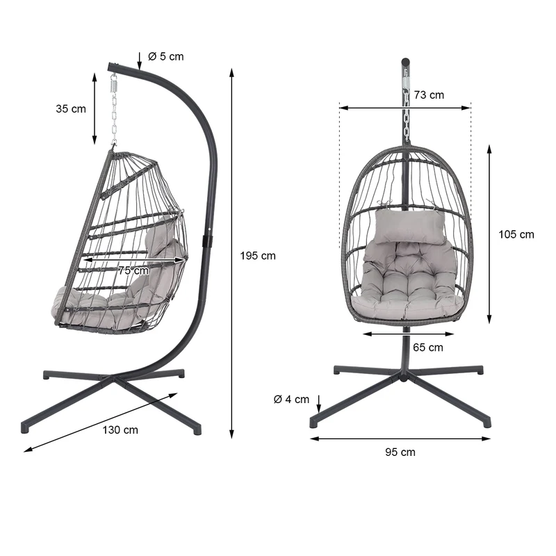 Hängesessel Grau mit Gestell und Kissen aus Stahl und Polyrattan-Geflecht