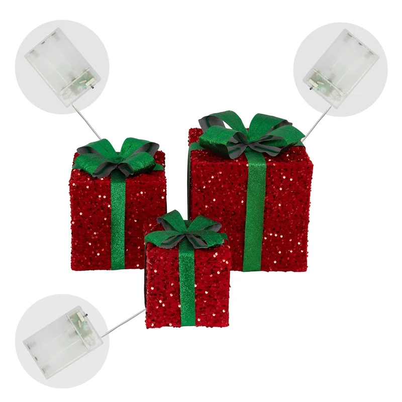 Deko Weihnachtsgeschenke 3er Set mit LEDs Grün/Rot mit Schleifen und Timer