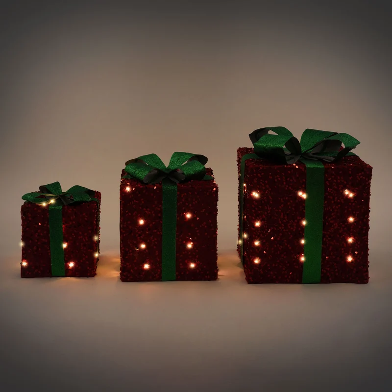 Deko Weihnachtsgeschenke 3er Set mit LEDs Grün/Rot mit Schleifen und Timer