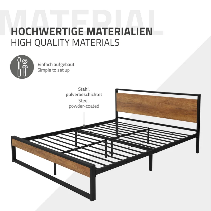 Metallbett 160x200 cm Schwarz/Braun mit Lattenrost und Matratze mit Holz Kopf-& Fußteil ML-Design