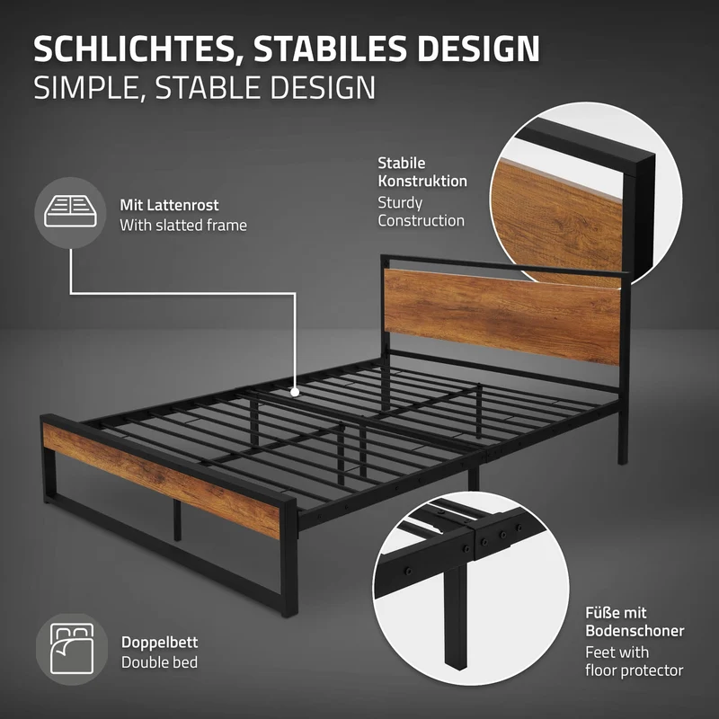 Metallbett 140x200 cm inkl. Matratze H:16cm Schwarz/Braun Bettgestell 210 x 36,5/88 x 145 cm mit Holz Kopf- & Fußteil ML-Design