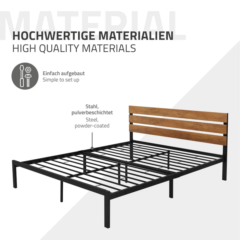 Metallbett 160x200 cm Schwarz/Braun mit Lattenrost und Matratze mit Holz Kopfteil ML-Design