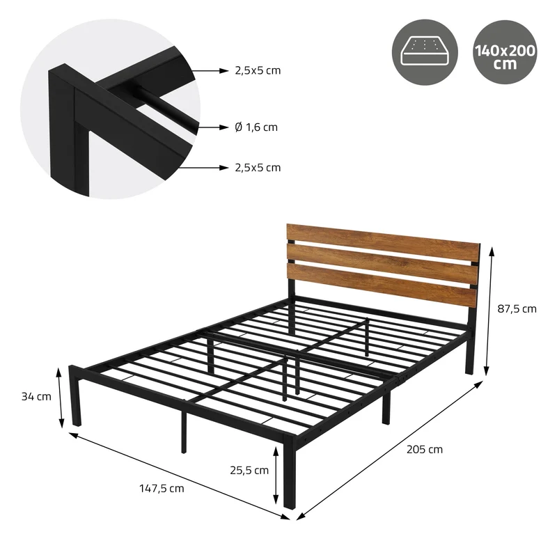 Metallbett 140x200 cm Schwarz/Braun mit Lattenrost und Matratze mit Holz Kopf-& Fußteil ML-Design
