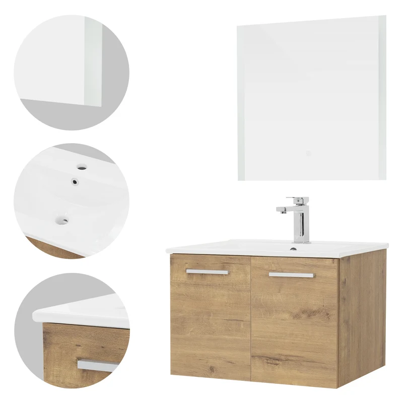 Badmöbel Badezimmermöbel Set 3-Teilig Spiegelschrank Unterschrank Waschbecken Optik in Roteiche ML-Design
