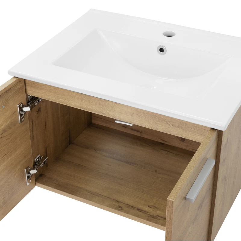 Badmöbel Badezimmermöbel Set 3-Teilig Spiegelschrank Unterschrank Waschbecken Optik in Roteiche ML-Design