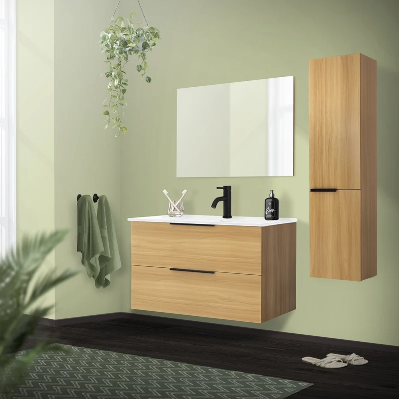 Badmöbel Badezimmermöbel Set 4-Teilig Spiegelschrank Unterschrank Waschbecken Hochschrank Optik in Teak ML-Design