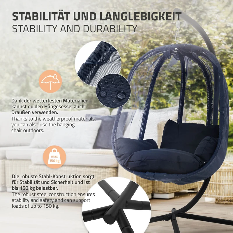 Hängesessel 100x105x177 cm Navy aus Stahl mit Gestell und Sitzkissen 150kg ML-Design