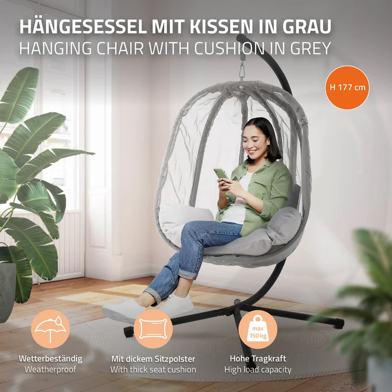 Hängesessel 100x105x177 cm Grau aus Stahl mit Gestell und Sitzkissen 150kg ML-Design