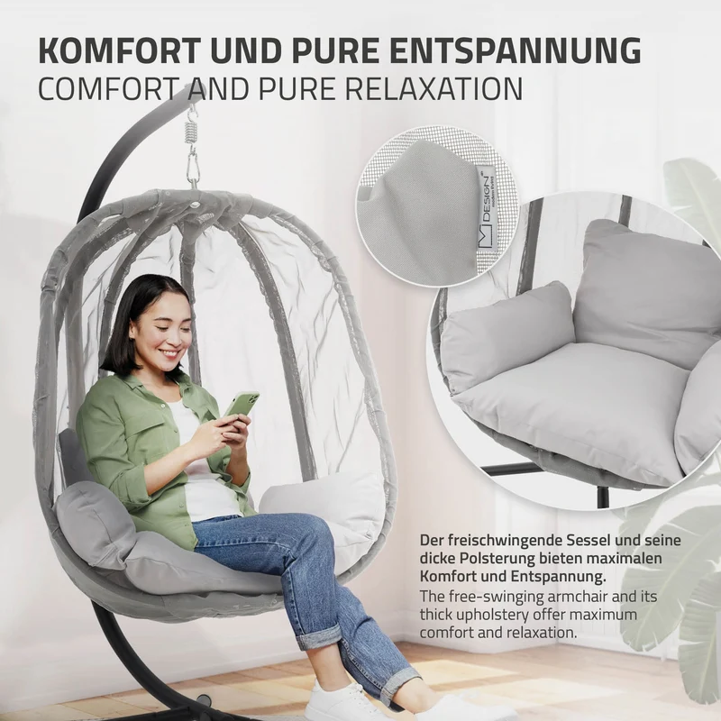 Hängesessel 100x105x177 cm Grau aus Stahl mit Gestell und Sitzkissen 150kg ML-Design