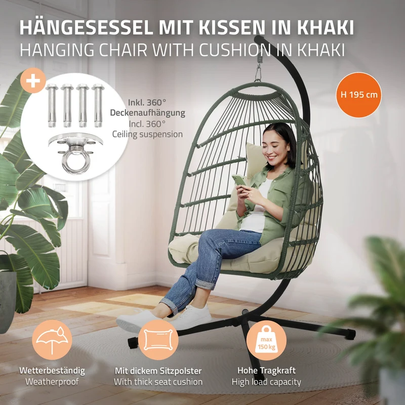 Hängesessel 100x105x195 cm Khaki aus Polyester mit Gestell und Kissen ML-Design