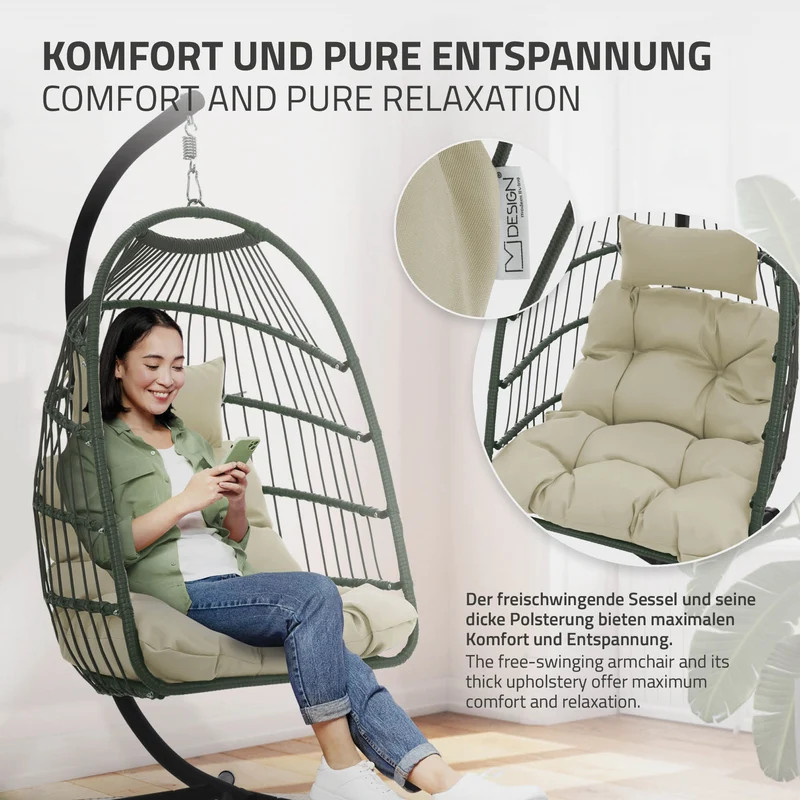 Hängesessel 100x105x195 cm Khaki aus Polyester mit Gestell und Kissen ML-Design