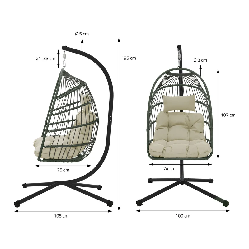 Hängesessel 100x105x195 cm Khaki aus Polyester mit Gestell und Kissen ML-Design