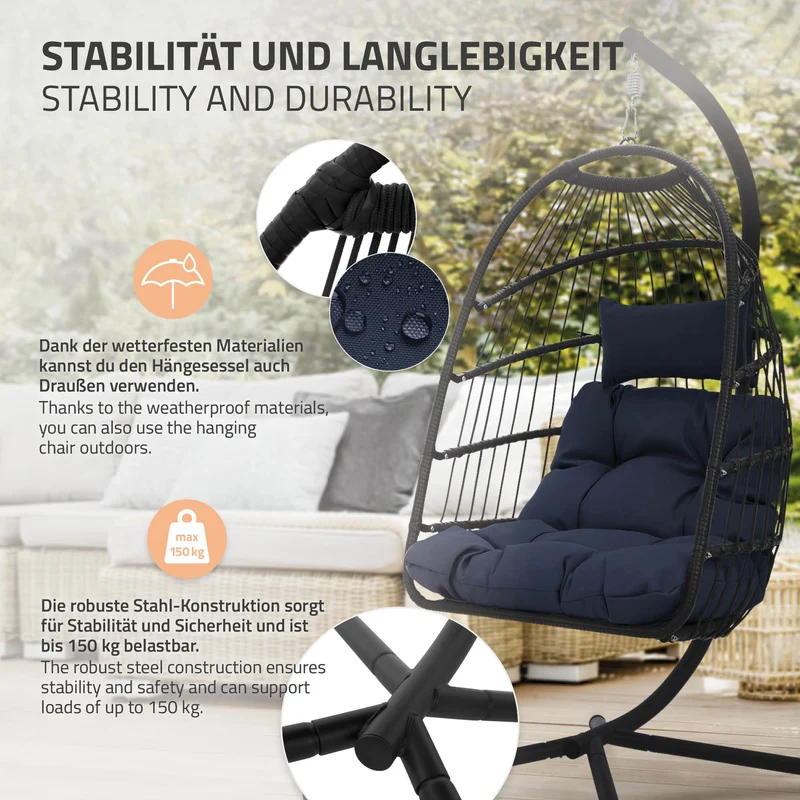 Hängesessel 100x105x195 cm Navyblau aus Polyester mit Gestell und Kissen ML-Design