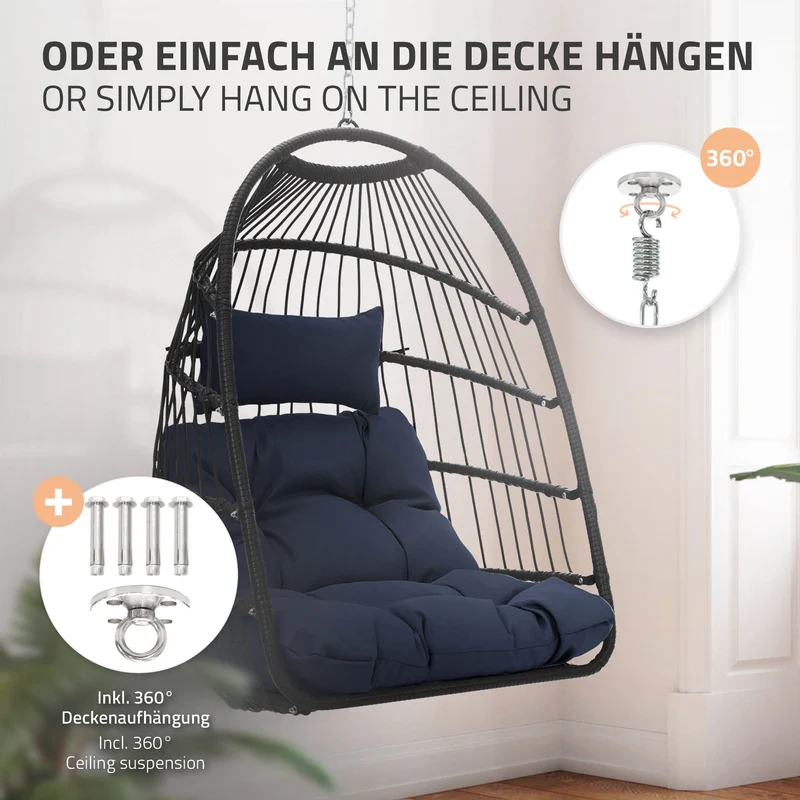 Hängesessel 100x105x195 cm Navyblau aus Polyester mit Gestell und Kissen ML-Design