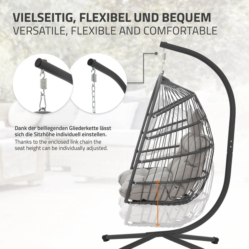 Hängesessel 100x105x195 cm Grau aus Polyester mit Gestell und Kissen ML-Design
