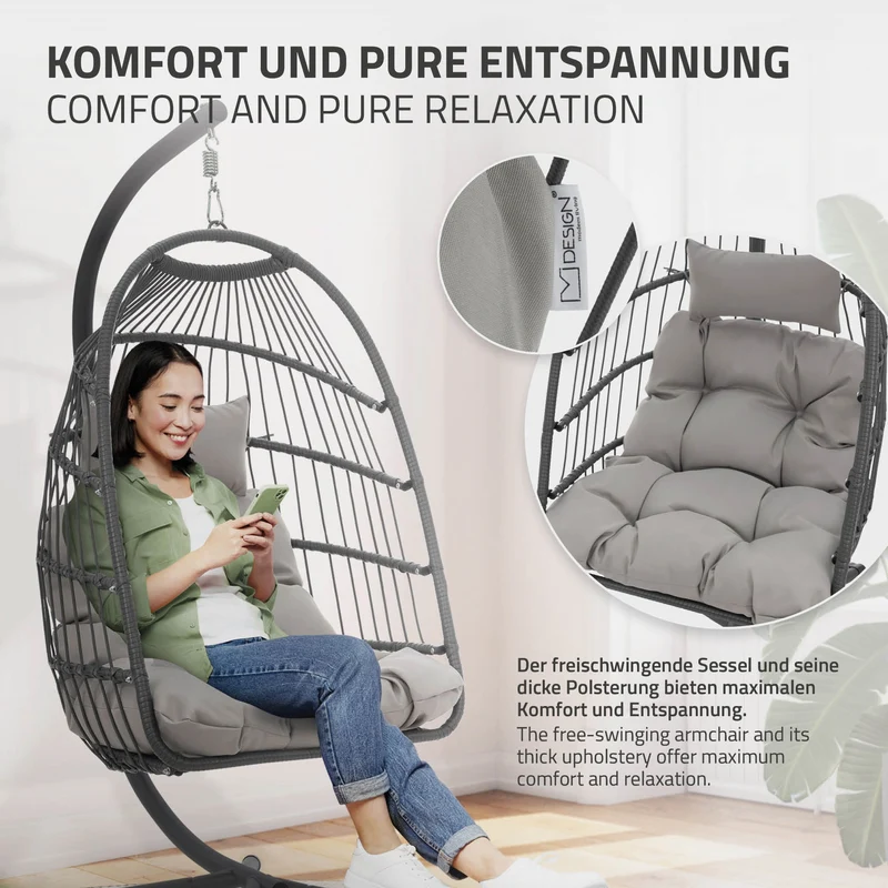 Hängesessel 100x105x195 cm Grau aus Polyester mit Gestell und Kissen ML-Design