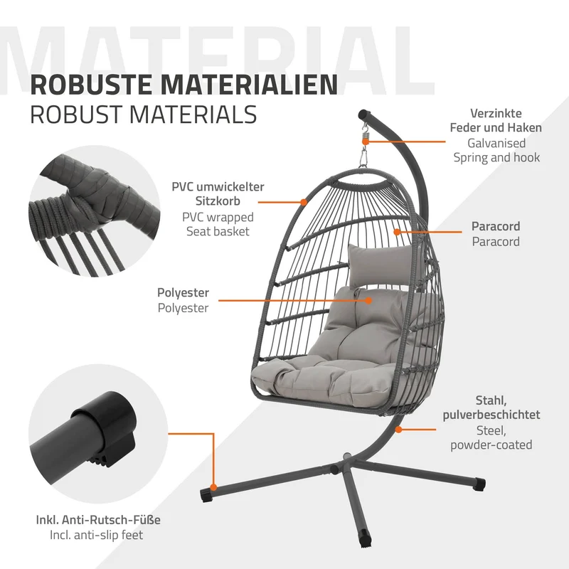 Hängesessel 100x105x195 cm Grau aus Polyester mit Gestell und Kissen ML-Design